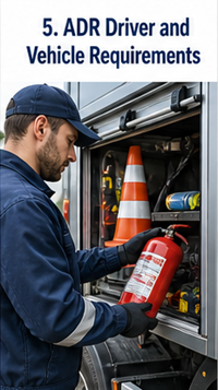 ADR certified truck driver inspecting dangerous goods transport vehicle before delivery