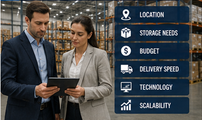 Logistics managers selecting warehouse solutions for supply chain operations