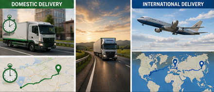Showing domestic and international delivery times with logistics trucks airplanes maps and transport routes