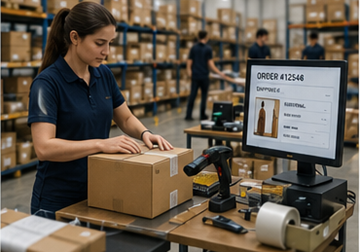 E-commerce fulfillment center processing online customer orders