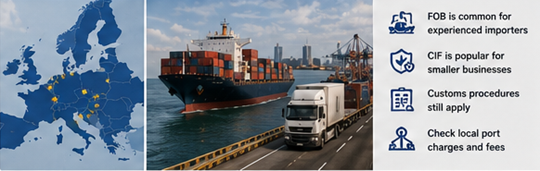 European port operations with imported cargo containers and customs procedures