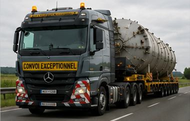 Oversized cargo transport with heavy haul trailer carrying large industrial equipment