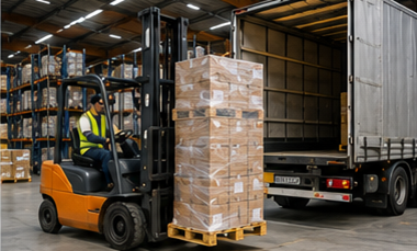 Pallet transport process with forklifts warehouse loading pallet wrapping and freight truck delivery