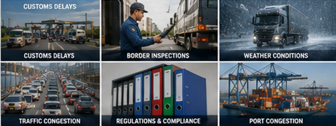 International transport challenges including customs delays weather traffic ports and freight logistics operations