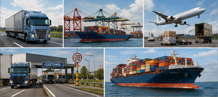 International freight transport with border crossing trucks cargo ships customs and global logistics operations