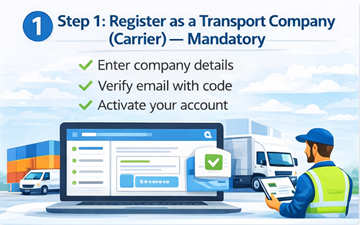 Transport company registering a carrier account on ExusTrans platform with company verification and activation process